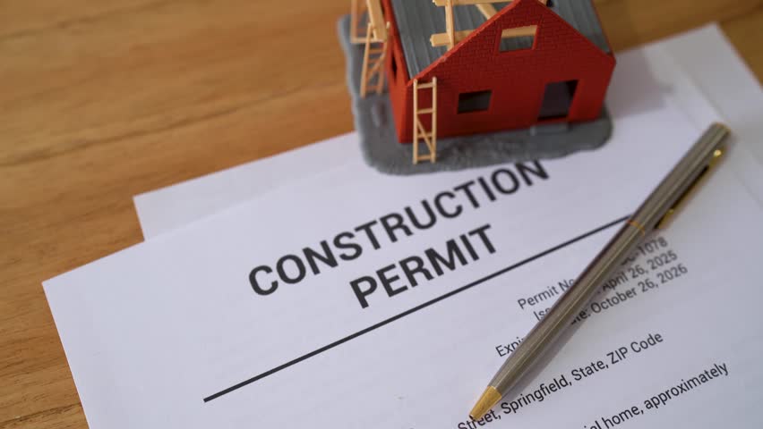 Construction permit papers. Concept of burocracy and due deligence before building a home.