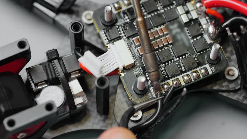 Technician soldering components onto circuit board of disassembled fpv drone