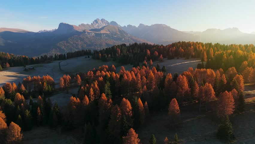 Aerial view of Alpine meadow mountain Plateau in autumn. South Tyrol, Italy