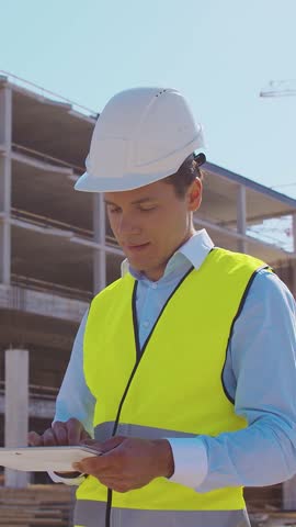 Professional builder standing in front of construction site. Foreman in hardhat helmet and vest. Office building and crane background. Business, real estate and investment.