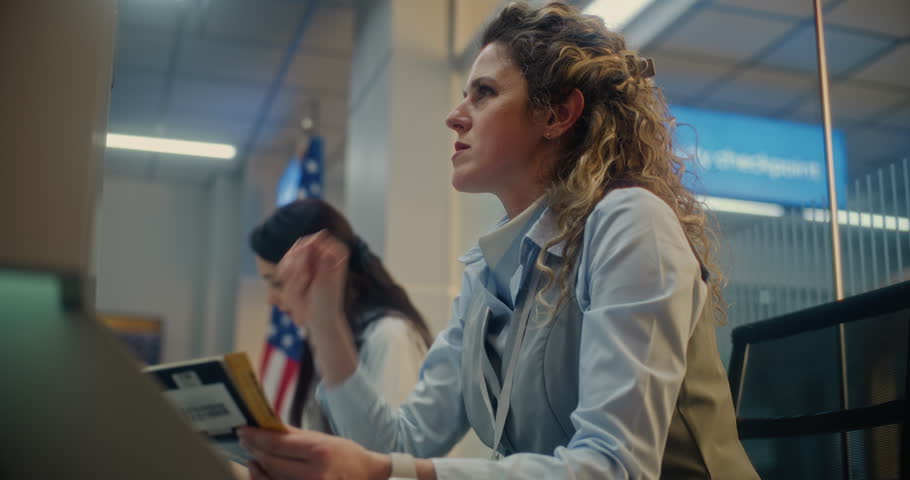 Airport Staff at Counter: Female Airline Check-in Attendant Checking Boarding Documents and Ticket of Passenger for Flight. Passport Control at Security Checkpoint in International Airport Terminal.