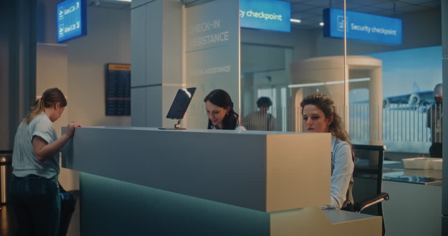 Indian Man Giving Passport and Ticket at Check-in Counter, Placing Suitcase for Baggage Check, Putting Finger on Digital Tablet for ID Biometric Scanning. Security Checkpoint in Airport Terminal.