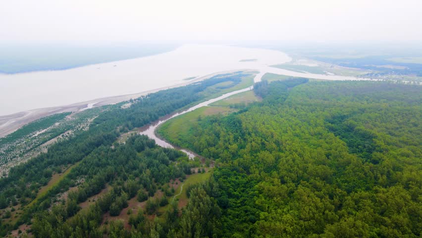 Vast aerial view of the Sundarbans mangrove forest and river delta ecosystem