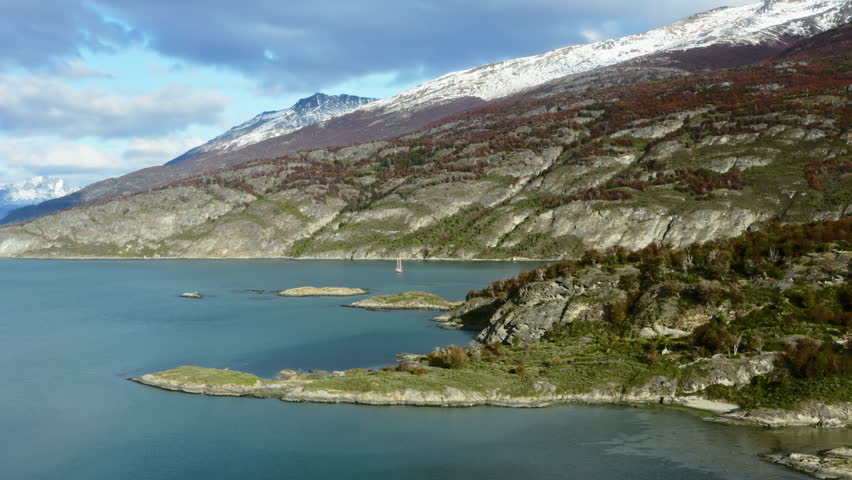 Mountains Along Beagle Channel (Beagle Strait) In Tierra Del Fuego, Patagonia, Argentina, South America. Aerial Shot
