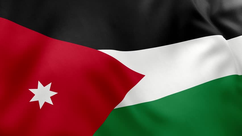 Close up realistic animation of Jordanian national flag waving gently. Pan-Arab colors, red triangle, white star. Seamless loop for national pride, Middle East themes