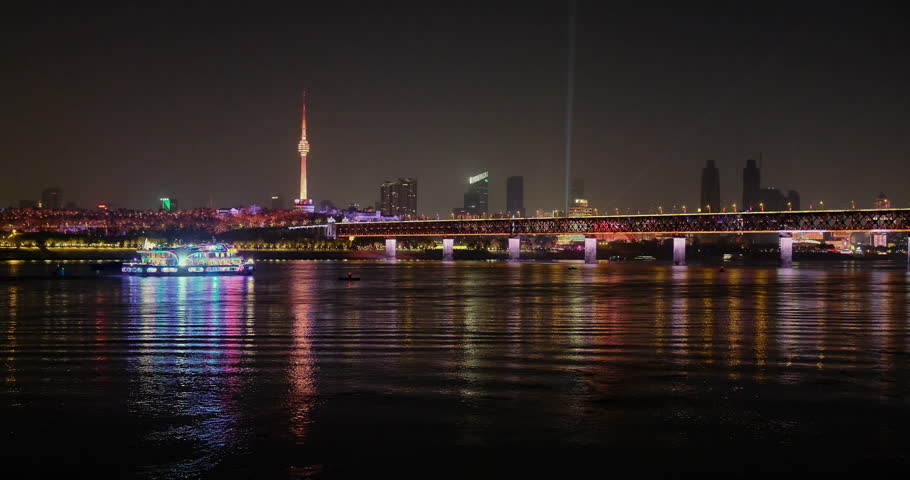Wuhan Yangtze River Bridge and boat travel at night