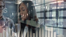 coworkers analyzing animated financial candlestick charts, bar graphs and price labels in office. Business, teamwork, analytics, data, innovation, contemporary, productivity - Powered by Shutterstock - Get 15% off with code: PIKWIZARD15