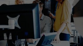 Colleagues collaborating around desk in office showing business data graphs and line chart overlays. Team, collaboration, analytics, technology, innovation, professional, modern - Powered by Shutterstock - Get 15% off with code: PIKWIZARD15