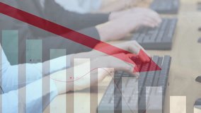 Call-center team monitoring metrics in office, with headsets, translucent charts and red arrow. Business, teamwork, analytics, technology, collaboration, data, performance - Powered by Shutterstock - Get 15% off with code: PIKWIZARD15