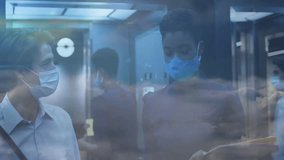 health technology team wearing masks reviewing data in office, with network overlay. Collaboration, innovation, connectivity, modern, teamwork, technology, analysis - Powered by Shutterstock - Get 15% off with code: PIKWIZARD15