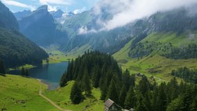 Aerial of beautiful mountain lake Seealpsee in Alps of Switzerland Sunny summer day - Powered by Shutterstock - Get 15% off with code: PIKWIZARD15