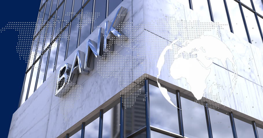 showcasing 3D render chrome BANK letters on marble facade, overlaying world map across glass panels. Modern, corporate, minimalist, financial, professional, architecture, urban