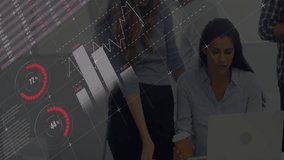 Business team collaborating around table with laptops and documents, animated map, charts and 45%. Collaboration, teamwork, innovation, data visualization, analytics, modern office, professional - Powered by Shutterstock - Get 15% off with code: PIKWIZARD15