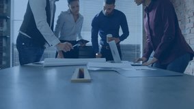 Business professionals collaborating around table reviewing docs with laptop network icons floating. Teamwork, innovation, digital connectivity, brainstorming, modern workspace, corporate strategy, - Powered by Shutterstock - Get 15% off with code: PIKWIZARD15