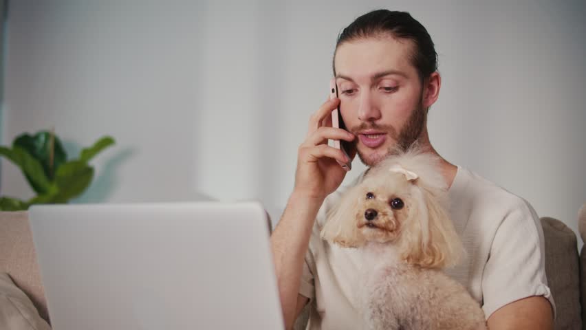 Emotional Support, Mental Health, Work-Life Balance. Young Man Works from Home, Focused on Online Meeting While His Dog Sits Beside. A Calm Moment of Digital Connection and Pet-Driven Stability