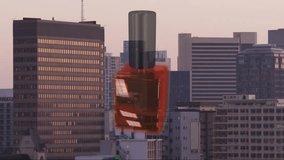 Translucent red 3D prism and reflective black cylinder floating above skyline at dusk in 3D render. Futuristic, technology, abstract, skyline, cityscape, modern, architectural - Powered by Shutterstock - Get 15% off with code: PIKWIZARD15