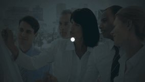 Business team collaborating in office, viewing digital globe with user-icon nodes and flipchart. Technology, networking, innovation, teamwork, corporate, modern, data - Powered by Shutterstock - Get 15% off with code: PIKWIZARD15