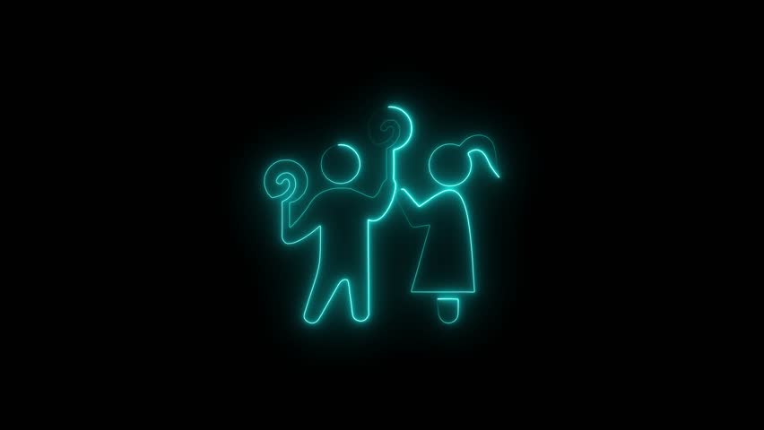 Neon glowing silhouettes of children with candy on a black background