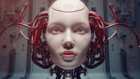 Cybernetic Woman’s Direct Gaze with Wiring. AI Female Face, Connected Neural Interface - Powered by Shutterstock - Get 15% off with code: PIKWIZARD15