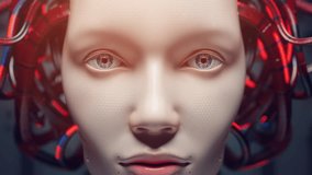 Cybernetic Woman’s Direct Gaze with Wiring. AI Female Face, Connected Neural Interface - Powered by Shutterstock - Get 15% off with code: PIKWIZARD15