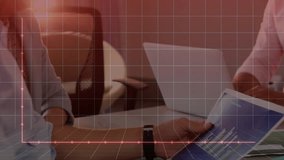 Two male colleagues analyzing finance data on laptop, displaying red dotted line graph overlay. Business, teamwork, digital, technology, collaboration, analytics, corporate - Powered by Shutterstock - Get 15% off with code: PIKWIZARD15