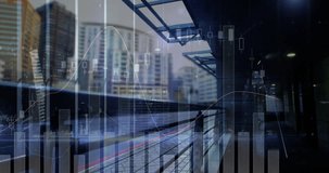 Urban train platform featuring glass canopy, metal railing and showing candlestick and line graphs. Transportation, financial analytics, cityscape, modern architecture, data visualization, - Powered by Shutterstock - Get 15% off with code: PIKWIZARD15