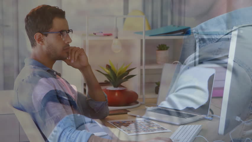 Business team collaborating at desk, displaying animated financial charts and percent overlays. Collaboration, teamwork, modern, professional, technology, workspace, innovation - Powered by Shutterstock - Get 15% off with code: PIKWIZARD15