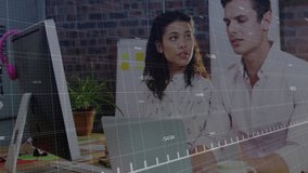 colleagues discussing financial data on computer screen, with animated green line graph. Collaboration, analytics, modern, workspace, productivity, technology, teamwork - Powered by Shutterstock - Get 15% off with code: PIKWIZARD15