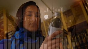 woman monitoring shop shelves and beverage sales, with floating candlestick charts and line graphs. Retail, data visualization, analytics, digital, commerce, storage, modern - Powered by Shutterstock - Get 15% off with code: PIKWIZARD15