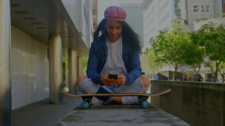 Woman sitting on skateboard in city plaza, showing phone with floating music and tech icons. Urban, lifestyle, minimalist, youthful, streetwear, contemporary, recreational