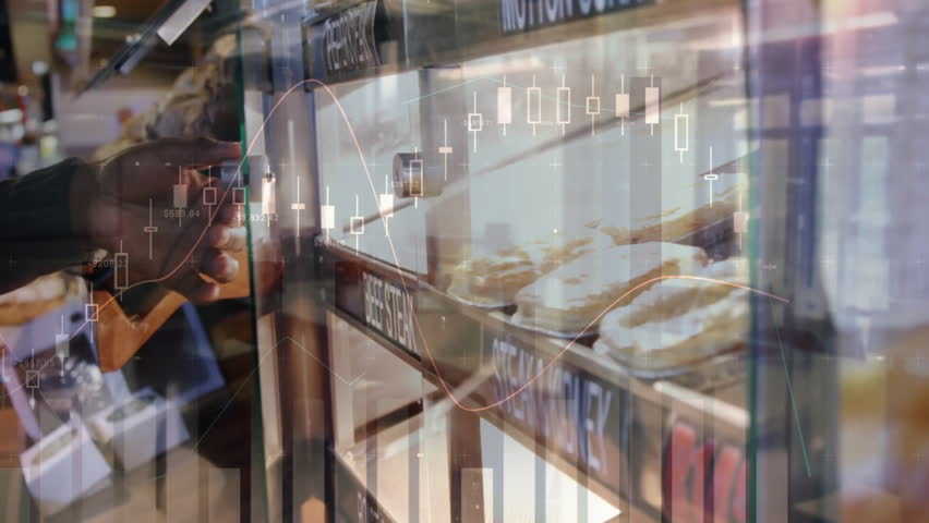 Mature man reviewing trays at cafeteria counter, with animated financial charts overlaying scene. Urban, technology, modern, professional, dining, analysis, data - Powered by Shutterstock - Get 15% off with code: PIKWIZARD15