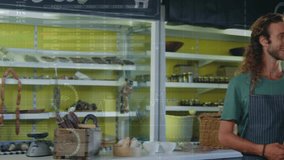 Shop owners holding Open sign in artisanal grocery shop, featuring animated sales chart. Artisan, storefront, boutique, rustic, welcoming, collaboration, marketing - Powered by Shutterstock - Get 15% off with code: PIKWIZARD15
