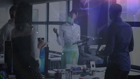 Masked office team collaborating in business office, with floating graphs and animated charts. Collaboration, teamwork, corporate, modern, workspace, communication, innovation - Powered by Shutterstock - Get 15% off with code: PIKWIZARD15