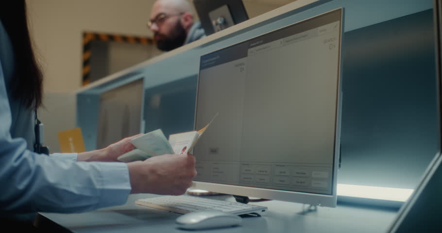 Airport Check-in Counter: Airline Worker Checking Passport and Airplane Ticket in Airport Terminal. Computer Software Analyzing Fingerprint Scan and Personal ID Data of Passenger for Boarding Flight.