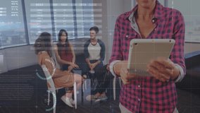 Facilitator woman leading business meeting, overlaying animated pie charts and bar graphs. Conference, collaboration, behavior, communication, analytics, urban, professional - Powered by Shutterstock - Get 15% off with code: PIKWIZARD15