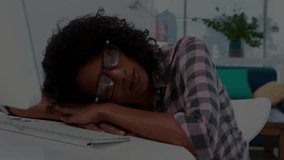 woman resting head on desk near laptop, with animated candlestick, line graphs showing finance data. Professional, modern, illustrative, technology, workspace, casual, analytical - Powered by Shutterstock - Get 15% off with code: PIKWIZARD15
