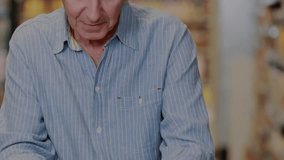 Senior man scanning grocery prices using smartphone, projecting retail data charts and percentages. Technology, retail, analytics, healthcare, urban, modern, purpose-driven - Powered by Shutterstock - Get 15% off with code: PIKWIZARD15