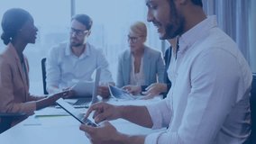 Colleagues collaborating in business meeting with laptop, documents, showing floating network icons. Corporate, teamwork, innovation, communication, technology, productivity, office - Powered by Shutterstock - Get 15% off with code: PIKWIZARD15