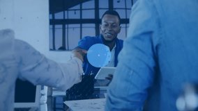 Team of professionals conducting business meeting using tablet, showing network icons and handshake. Collaboration, networking, modern, corporate, teamwork, digital, communication - Powered by Shutterstock - Get 15% off with code: PIKWIZARD15