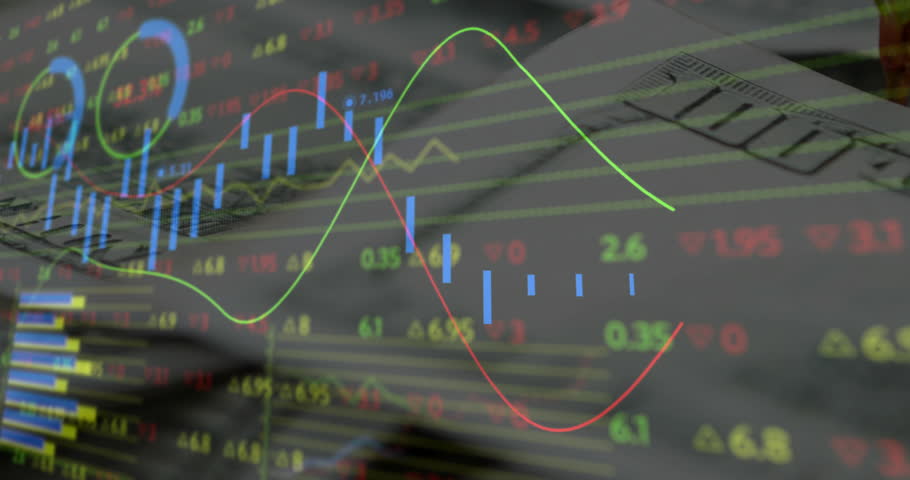 Animated financial chart overlaying blurred laptop keys, showing neon candlesticks and gauge icons. Technology, data visualization, financial analysis, digital interface, analytics, business