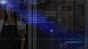 barista standing with crossed arms inside tech café, streaming binary code and grid data visuals. Technology, innovation, digital, futurism, hospitality, enterprise, modern - Powered by Shutterstock - Get 15% off with code: PIKWIZARD15