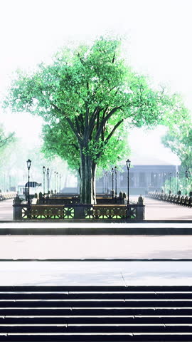 Wide view of a vibrant park filled with numerous green trees and pathways. Benches line the walkways, providing spaces for relaxation and social interaction in bright daylight.