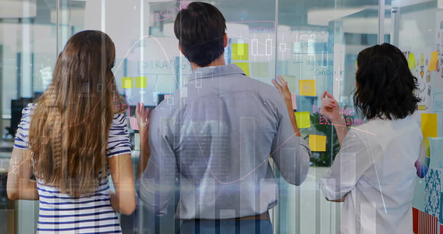 Marketing team collaborating at glass board, projecting animated graphs and colorful sticky notes. Collaboration, innovation, teamwork, creative, office, strategy, outline