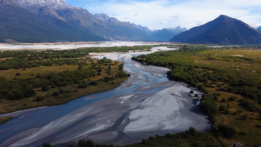 AERIAL Shot of a Stunning Mountain River Delta in Otago, New Zealand