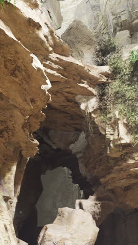 Nature enthusiasts admire stunning rock formations and vibrant greenery inside a majestic cave. Sunlight streams through openings, highlighting the intricate textures and shapes.