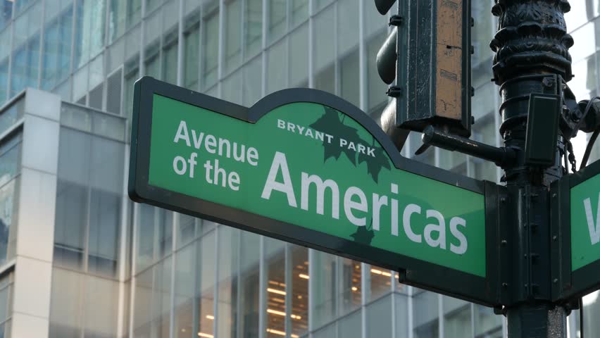 New York City crossroad, street intersection green road sign. 6 Sixth ave, Americas avenue corner, Midtown business district, United States. Highrise skyscraper architecture, Bryant park text roadsign