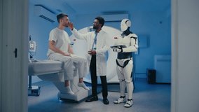 Worried Caucasian male holding head while getting examined by attentive physician checking symptoms. Humanoid robot processing data on tablet and monitoring situation in clinical environment. - Powered by Shutterstock - Get 15% off with code: PIKWIZARD15