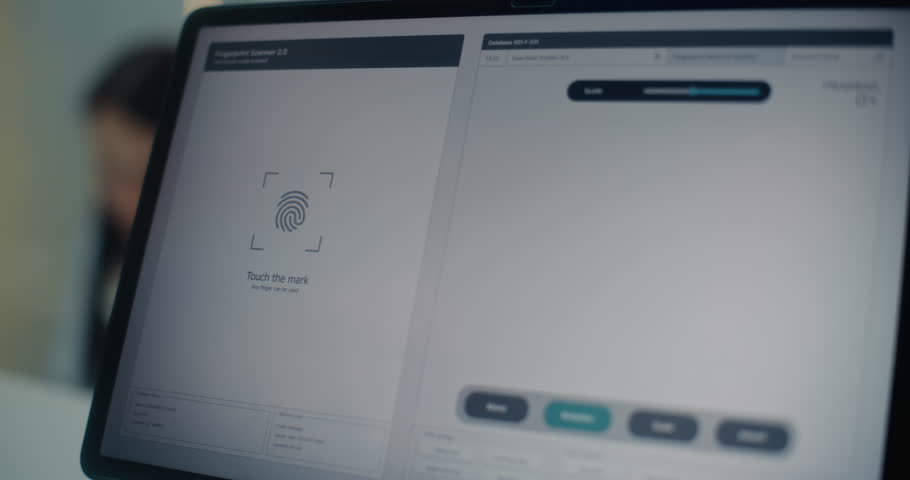 Check-in Counter in Airport Terminal: Close Up of Man Putting Finger on Touch Screen for Fingerprint Scanning. Tablet Computer Displayed Software for Biometric Identification of Tourist for Flight.