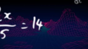 Abstract neon-pink wireframe landscape forming in cyberspace, floating white math equations gliding. Futuristic, digital, technological, abstract, cyberspace, geometrics, neon - Powered by Shutterstock - Get 15% off with code: PIKWIZARD15