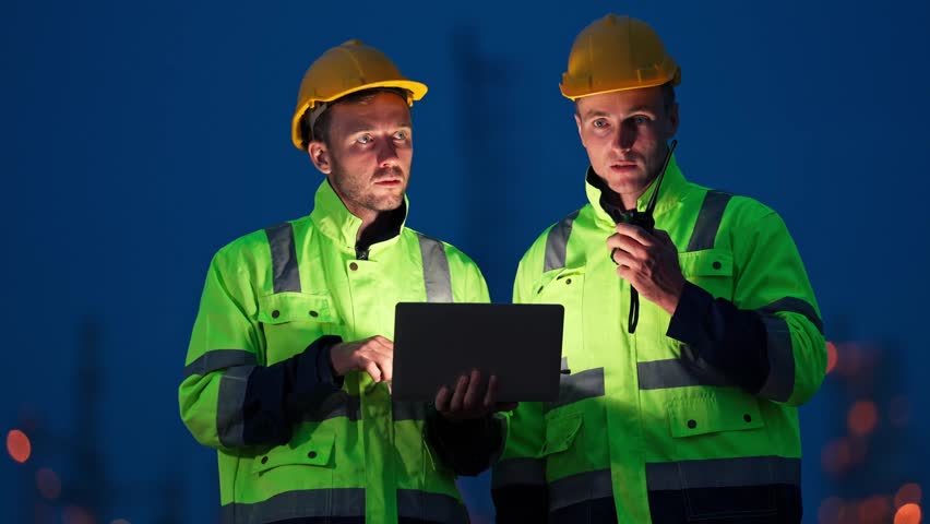 Industrial engineers consulting on petrochemical pipeline construction at an illuminated night factory. Professional teamwork shown in safety gear.